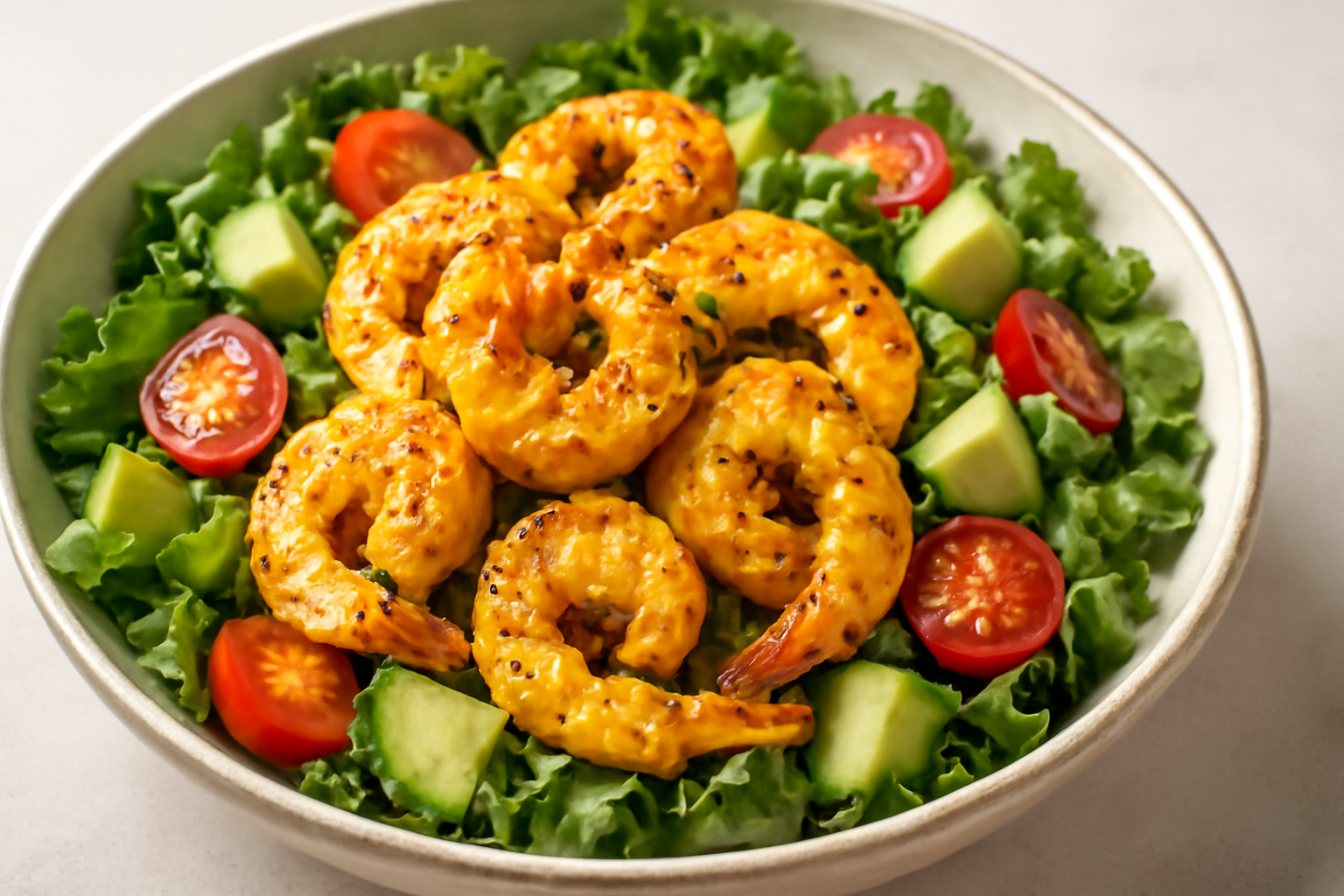 Salade de gambas sautees au curcuma et au sesame