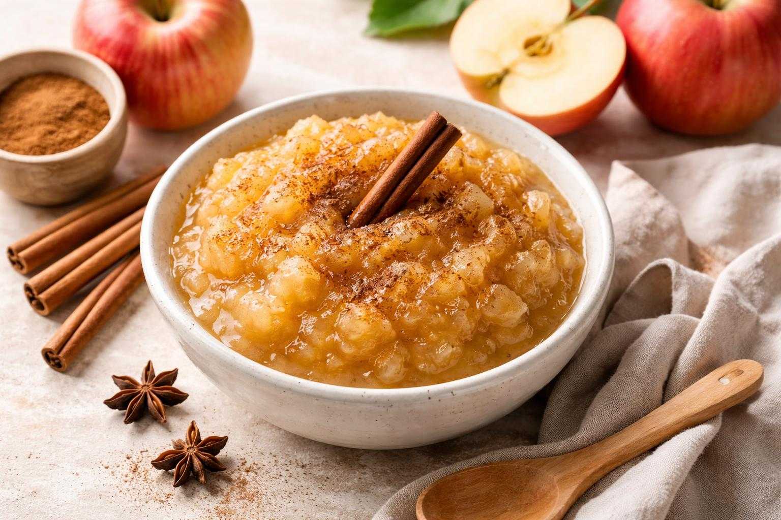 Compote de pommes maison sans sucre ajouté, parfumée à la cannelle
