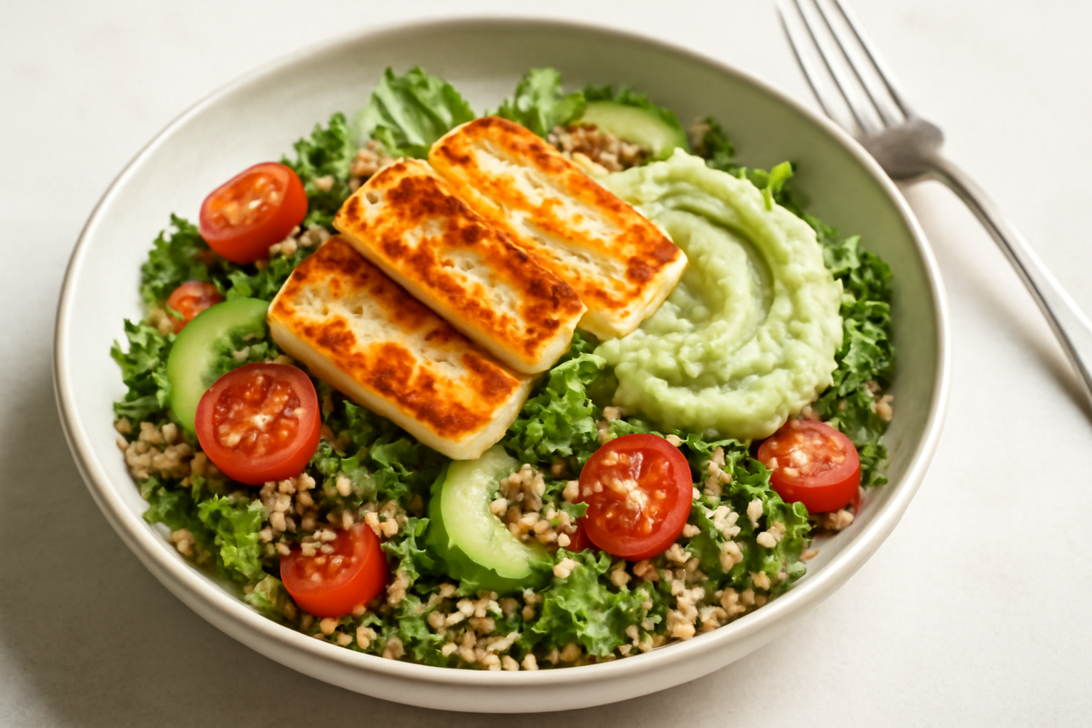 Salade de quinoa, halloumi et crème d’avocat