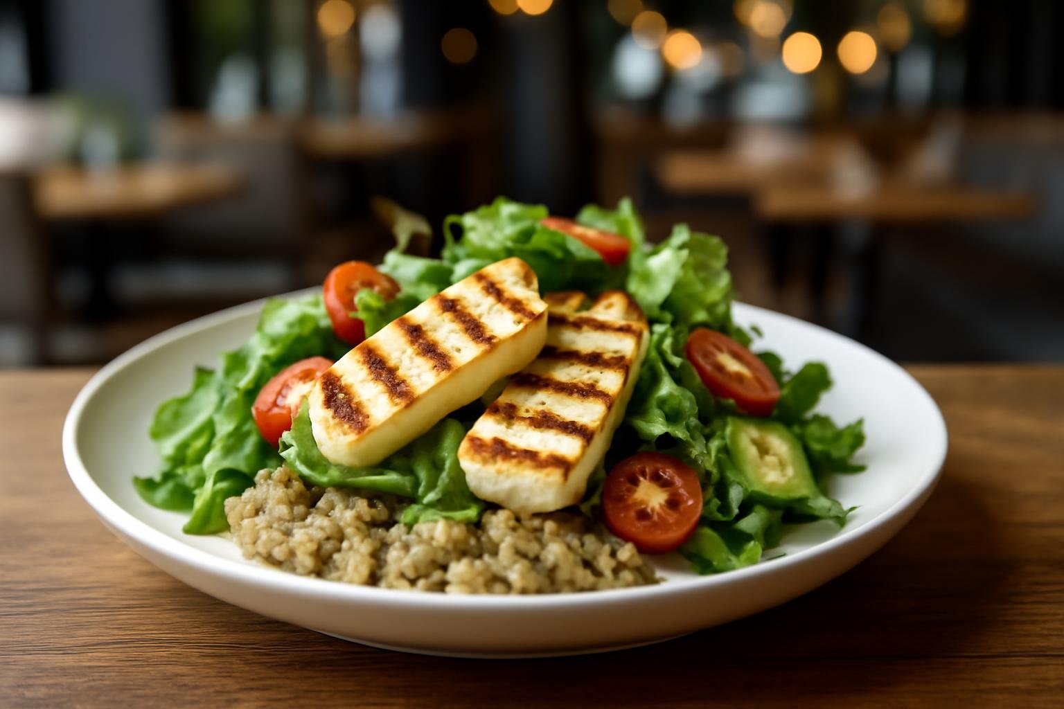 Salade légère de halloumi grillé et caviar rouge d'aubergine