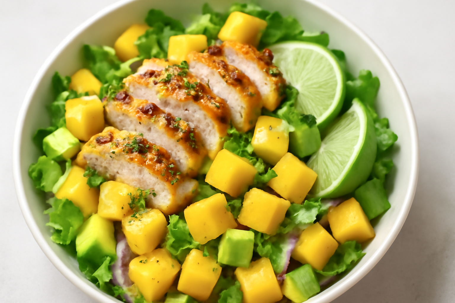 Salade de poulet grille aux mangues, citron vert et coriandre