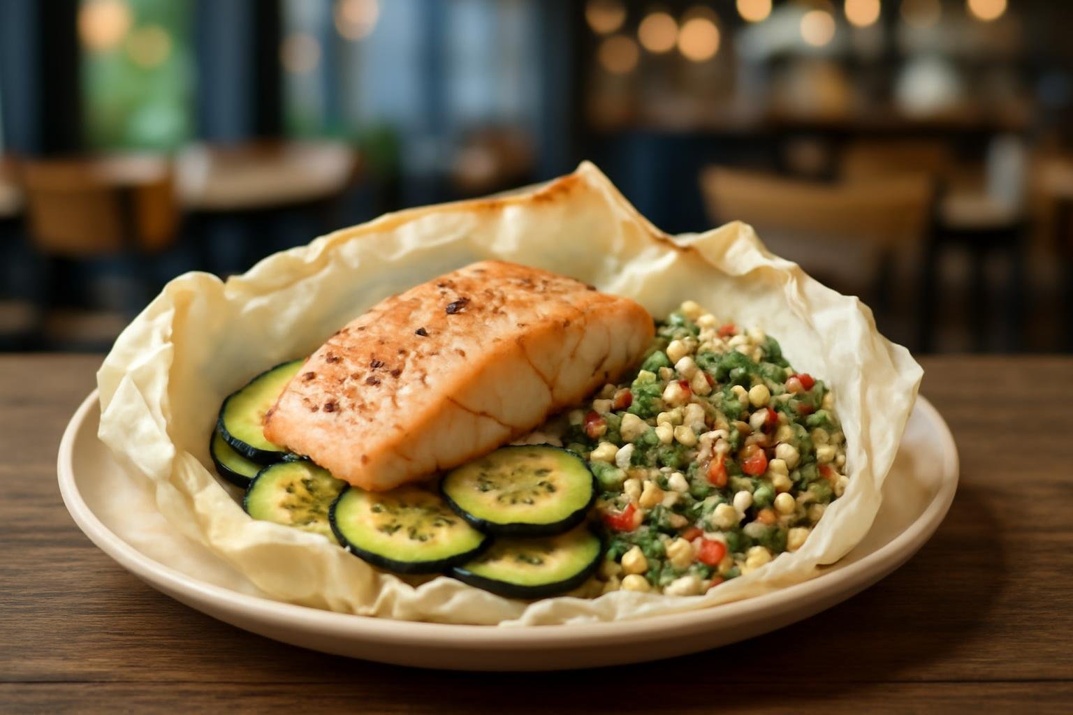 Papillote de Saumon, Courgette et Taboulé
