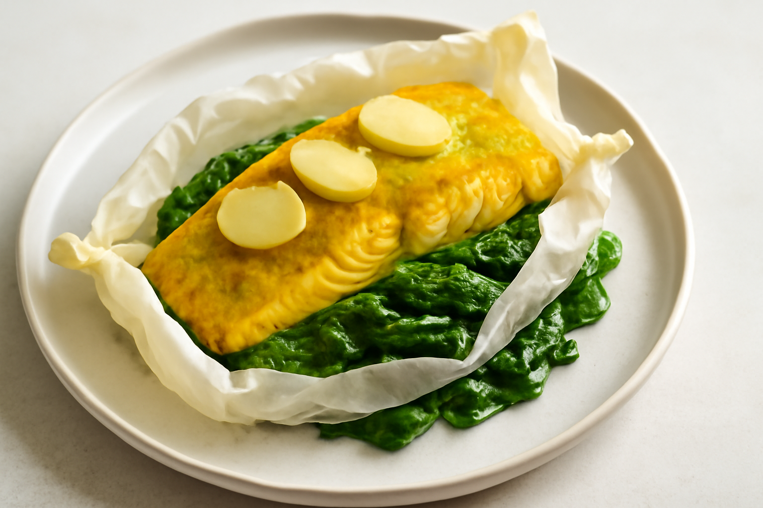Papillotes de Saumon au Curry et Gingembre sur Lit d'Epinards