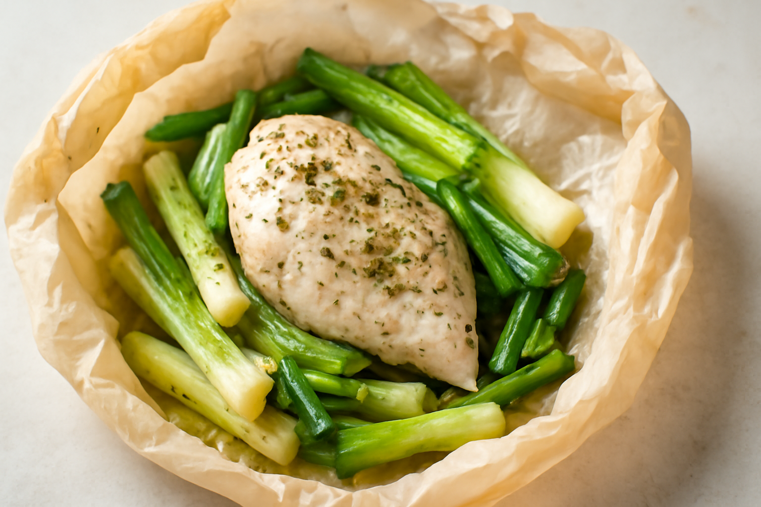 Papillotes de poulet aux poireaux primeurs
